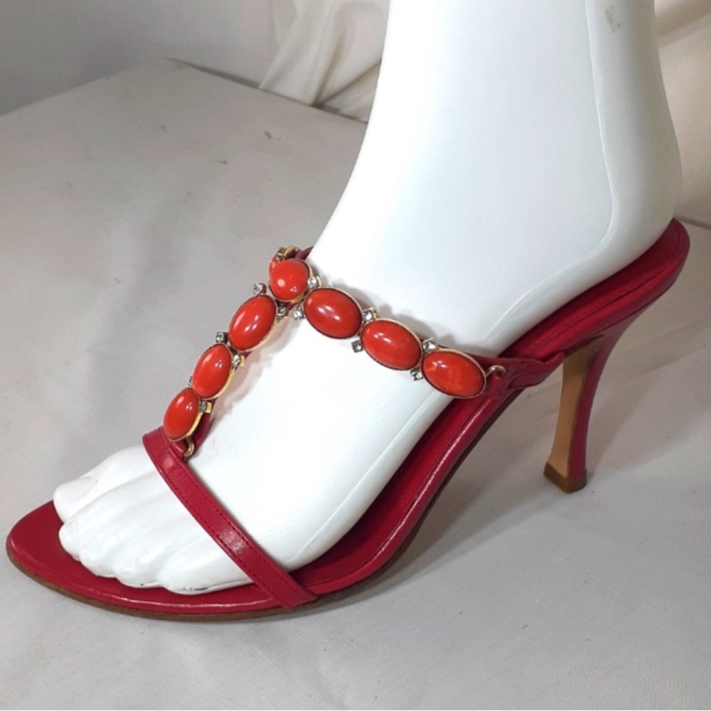 Sergio Rossi Red Crystal and Orange Stone Embellished Sandals, Size 39